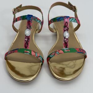 Talbots Size 7 Tropical Floral Crystal Sandals Flat Summer Shoes Women Vacation